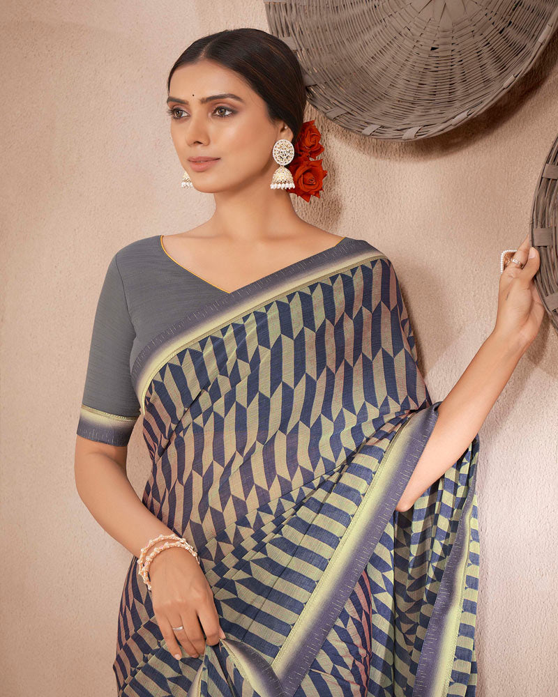 Vishal Prints Slate Grey Printed Fancy Chiffon Saree With Border