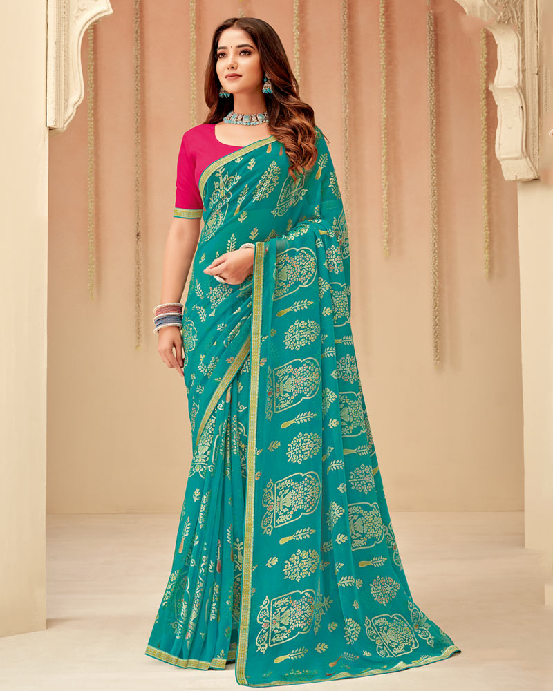 Vishal Prints Teal Blue Printed Chiffon Brasso Saree With Fancy Zari Border