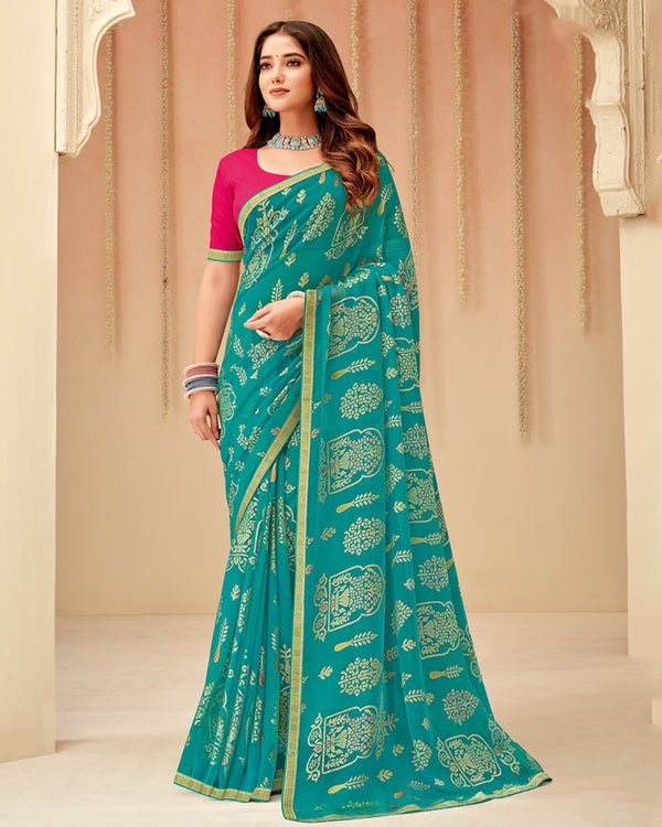 Vishal Prints Teal Blue Printed Chiffon Brasso Saree With Fancy Zari Border