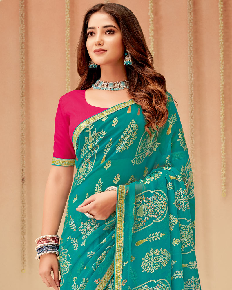 Vishal Prints Teal Blue Printed Chiffon Brasso Saree With Fancy Zari Border