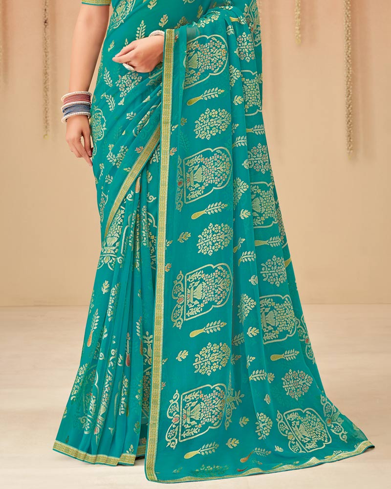 Vishal Prints Teal Blue Printed Chiffon Brasso Saree With Fancy Zari Border