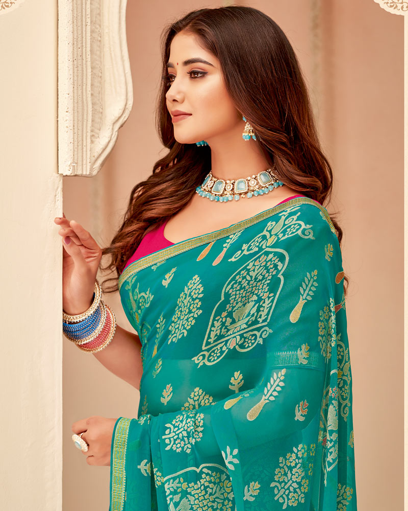Vishal Prints Teal Blue Printed Chiffon Brasso Saree With Fancy Zari Border