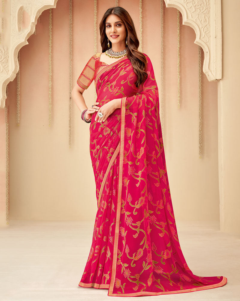 Vishal Prints Red Pink Printed Chiffon Brasso Saree With Fancy Zari Border