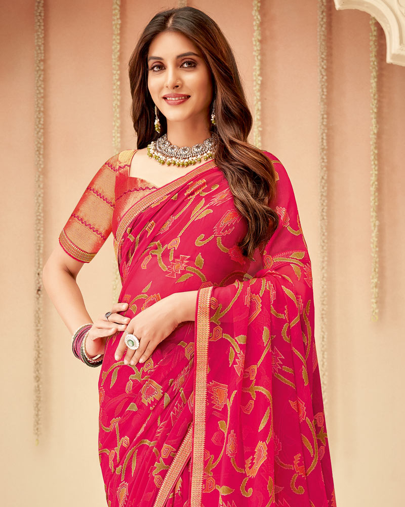 Vishal Prints Red Pink Printed Chiffon Brasso Saree With Fancy Zari Border