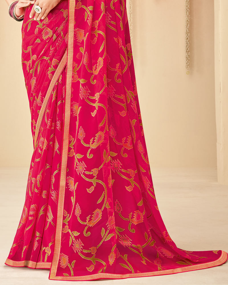 Vishal Prints Red Pink Printed Chiffon Brasso Saree With Fancy Zari Border