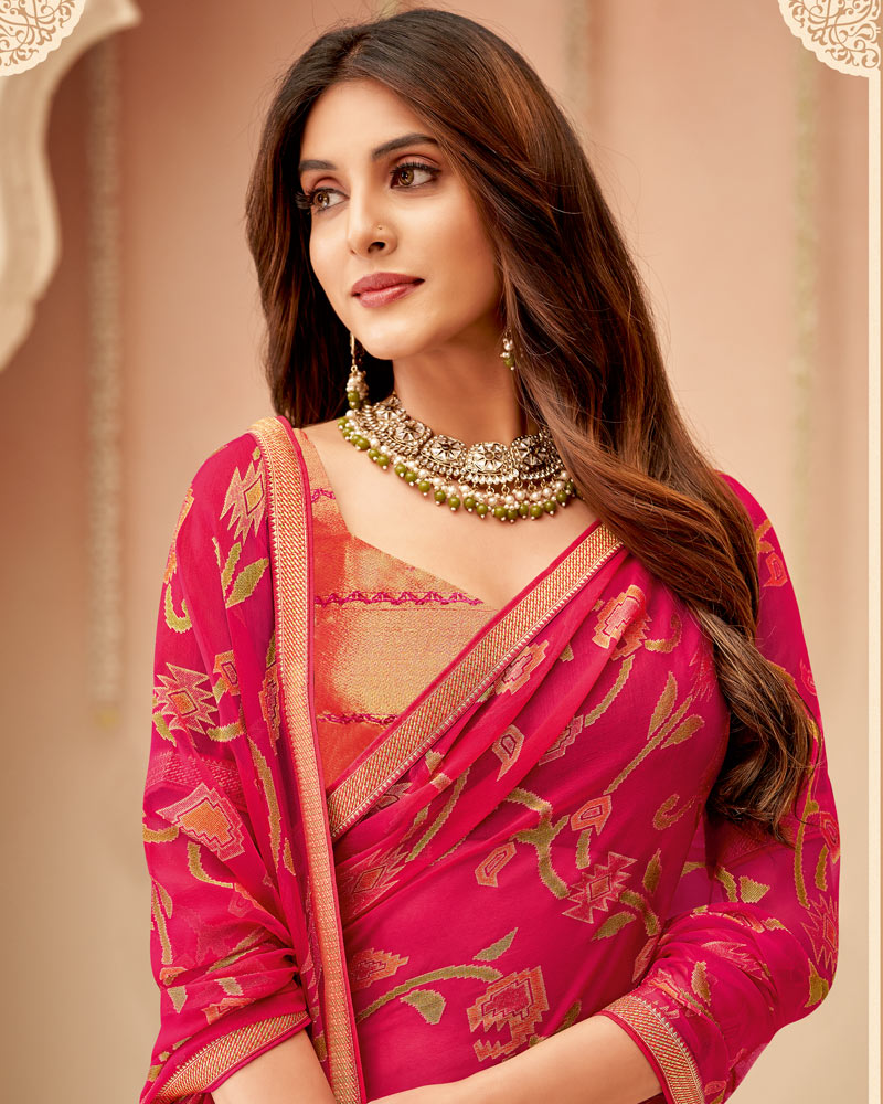 Vishal Prints Red Pink Printed Chiffon Brasso Saree With Fancy Zari Border