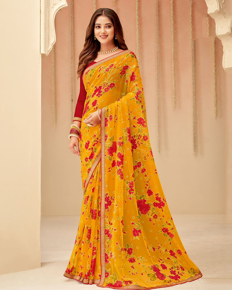 Vishal Prints Golden Yellow Printed Chiffon Brasso Saree With Fancy Zari Border