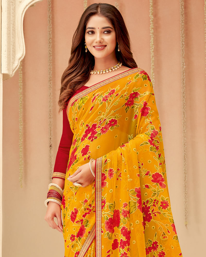 Vishal Prints Golden Yellow Printed Chiffon Brasso Saree With Fancy Zari Border