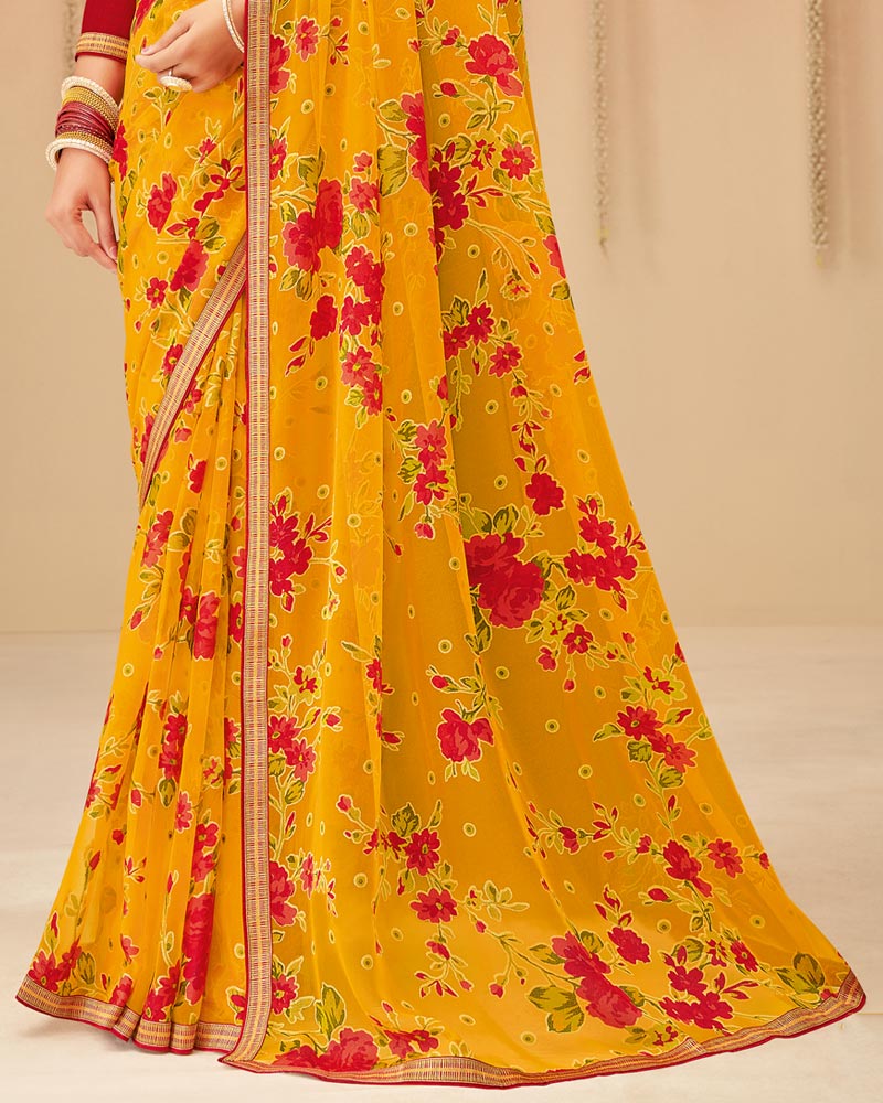 Vishal Prints Golden Yellow Printed Chiffon Brasso Saree With Fancy Zari Border
