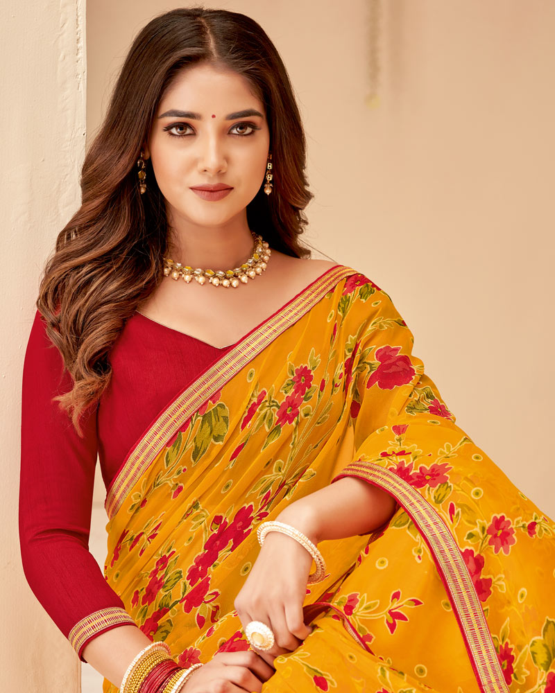 Vishal Prints Golden Yellow Printed Chiffon Brasso Saree With Fancy Zari Border