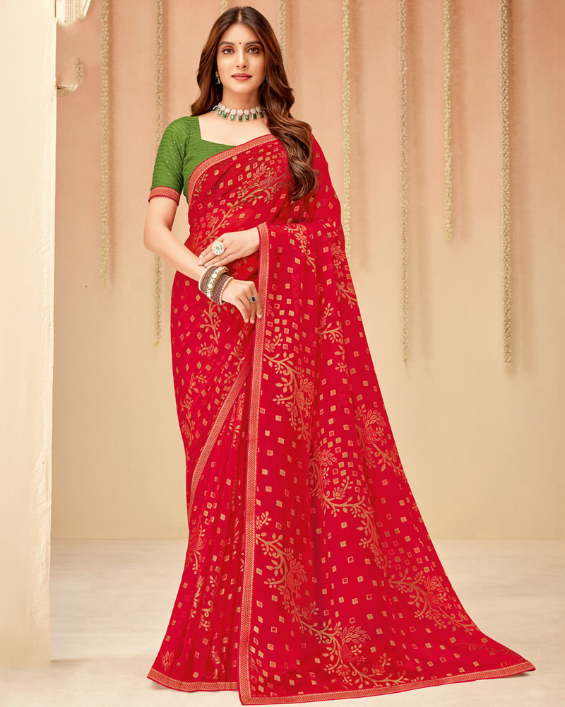 Vishal Prints Dark Red Printed Chiffon Brasso Saree With Fancy Zari Border