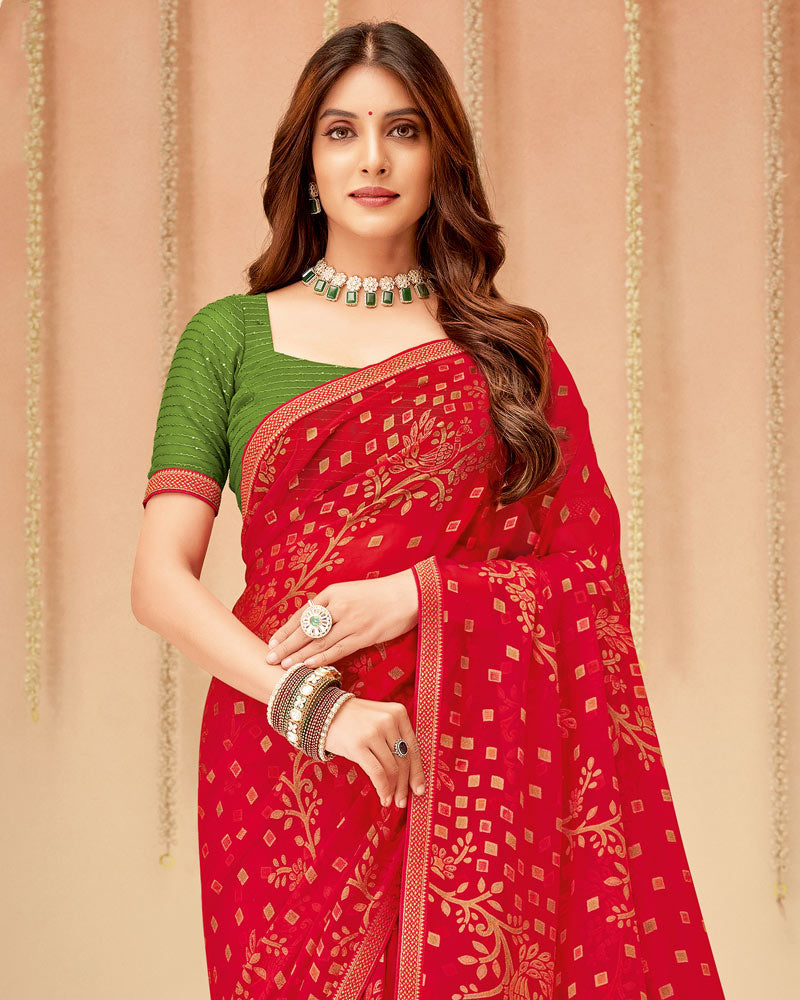 Vishal Prints Dark Red Printed Chiffon Brasso Saree With Fancy Zari Border