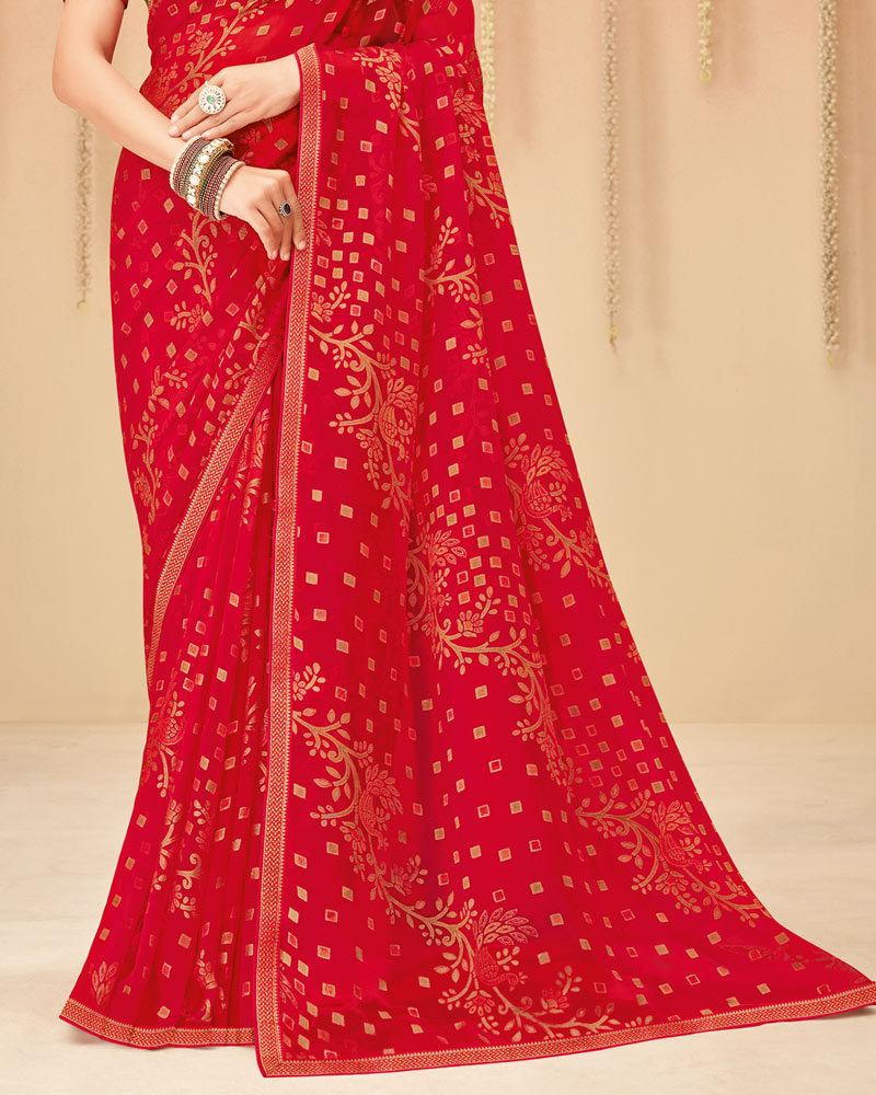 Vishal Prints Dark Red Printed Chiffon Brasso Saree With Fancy Zari Border