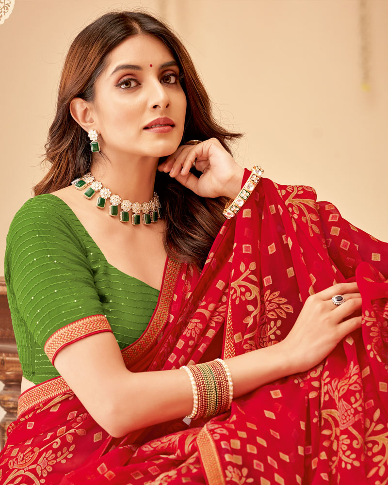 Vishal Prints Dark Red Printed Chiffon Brasso Saree With Fancy Zari Border