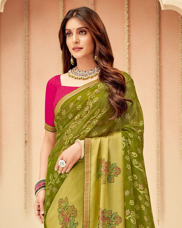 Vishal Prints Dark Olive Green Printed Chiffon Brasso Saree With Fancy Zari Border