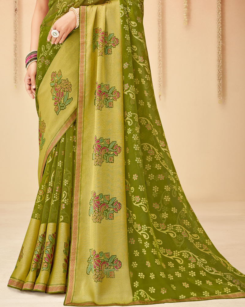 Vishal Prints Dark Olive Green Printed Chiffon Brasso Saree With Fancy Zari Border