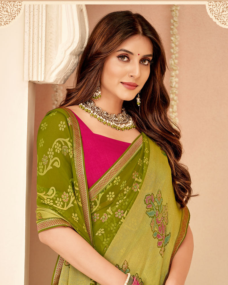 Vishal Prints Dark Olive Green Printed Chiffon Brasso Saree With Fancy Zari Border