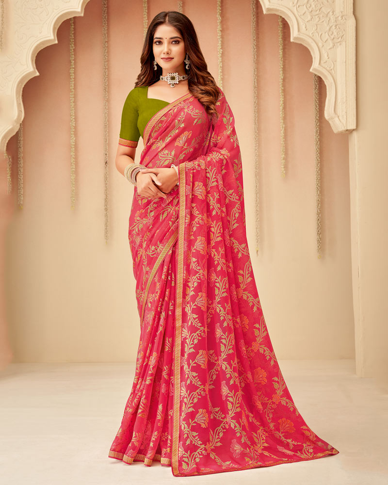 Vishal Prints Coral Printed Chiffon Brasso Saree With Fancy Zari Border