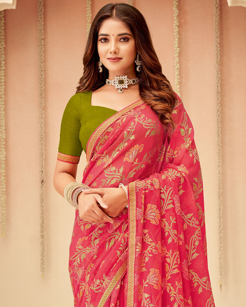 Vishal Prints Coral Printed Chiffon Brasso Saree With Fancy Zari Border