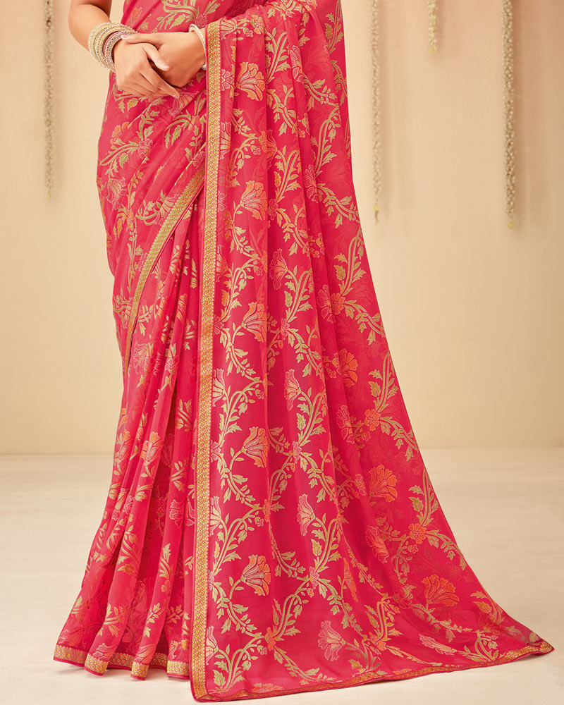 Vishal Prints Coral Printed Chiffon Brasso Saree With Fancy Zari Border