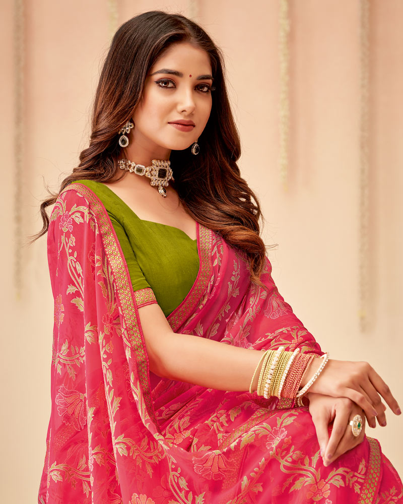 Vishal Prints Coral Printed Chiffon Brasso Saree With Fancy Zari Border