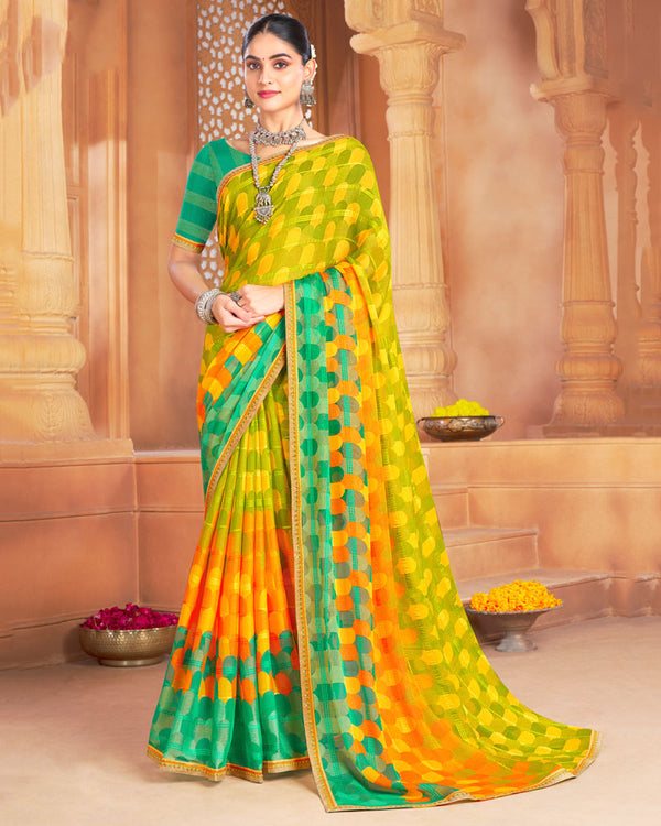 Vishal Prints Olive Yellow Designer Patterned Brasso Printed Saree With Fancy Border