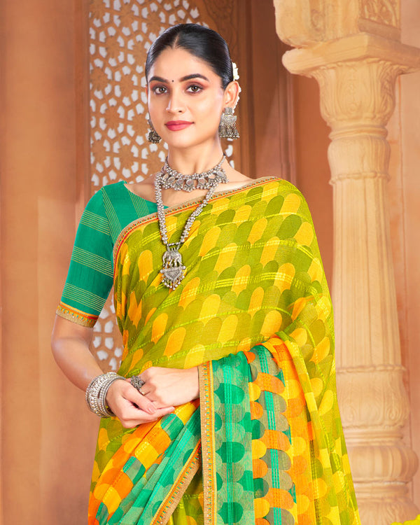 Vishal Prints Olive Yellow Designer Patterned Brasso Printed Saree With Fancy Border