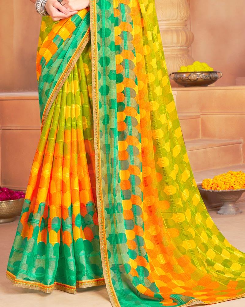 Vishal Prints Olive Yellow Designer Patterned Brasso Printed Saree With Fancy Border