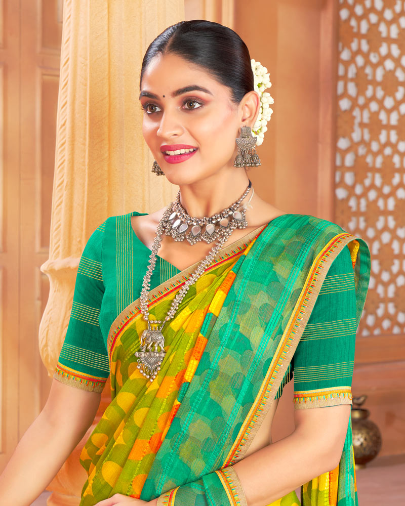 Vishal Prints Olive Yellow Designer Patterned Brasso Printed Saree With Fancy Border