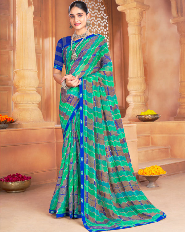 Vishal Prints Dark Mint Green Designer Patterned Brasso Printed Saree With Fancy Border
