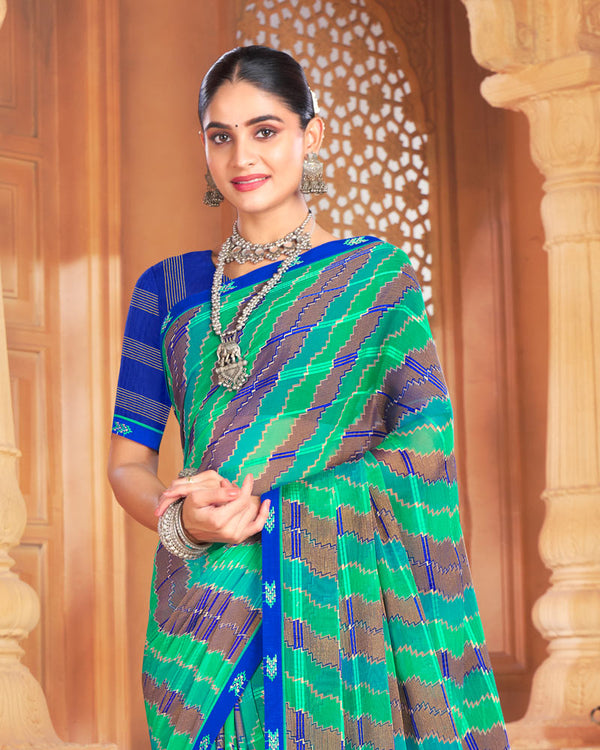 Vishal Prints Dark Mint Green Designer Patterned Brasso Printed Saree With Fancy Border