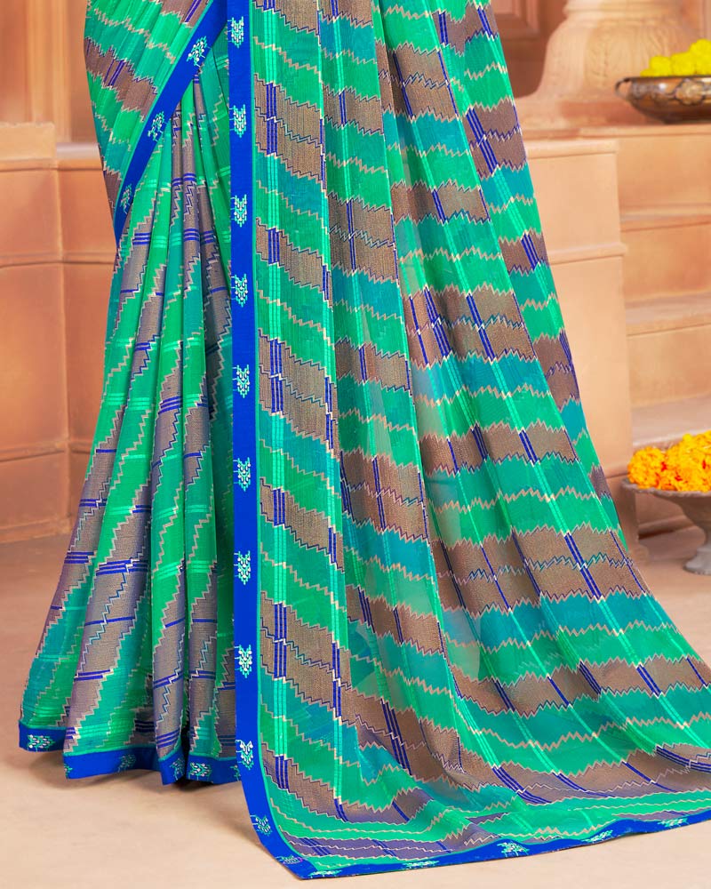 Vishal Prints Dark Mint Green Designer Patterned Brasso Printed Saree With Fancy Border