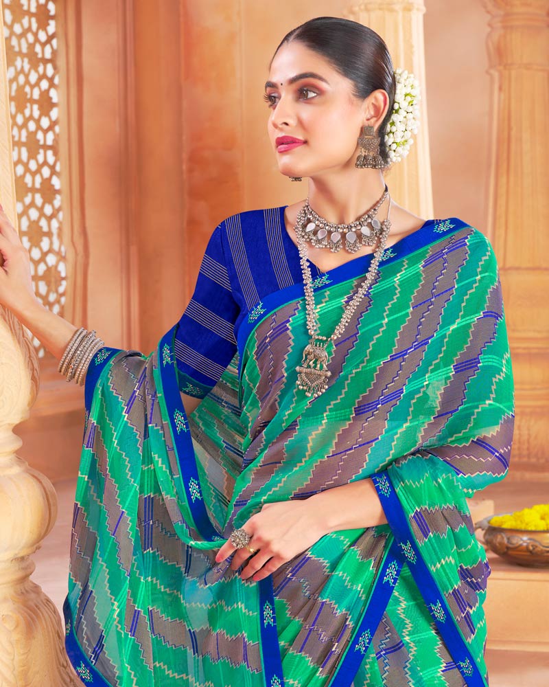 Vishal Prints Dark Mint Green Designer Patterned Brasso Printed Saree With Fancy Border