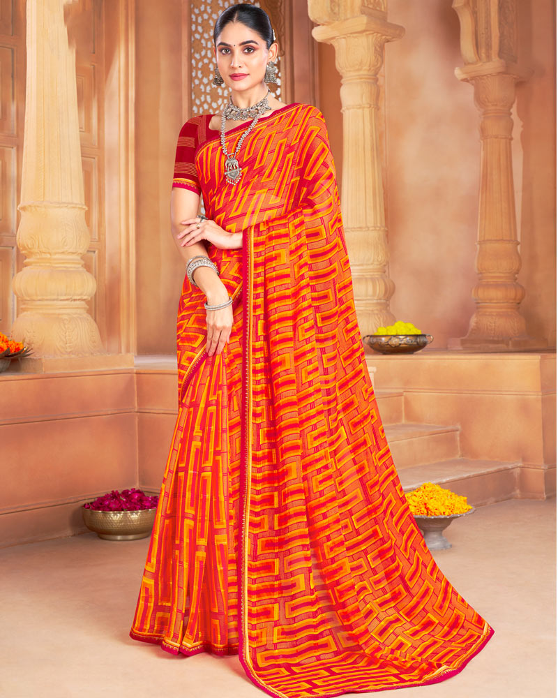 Vishal Prints Sunset Orange Designer Patterned Brasso Printed Saree With Fancy Border