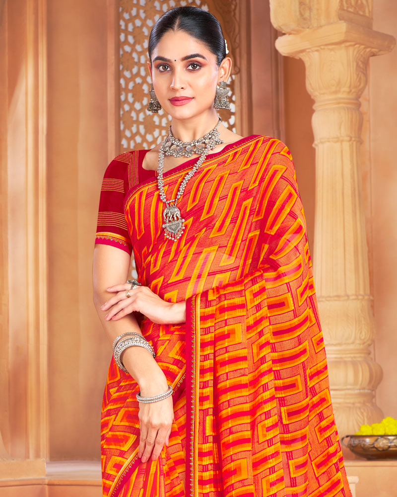 Vishal Prints Sunset Orange Designer Patterned Brasso Printed Saree With Fancy Border