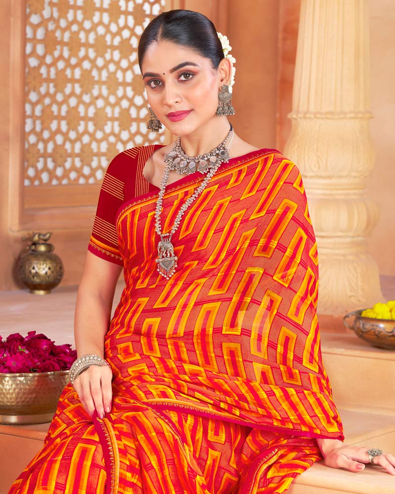 Vishal Prints Sunset Orange Designer Patterned Brasso Printed Saree With Fancy Border