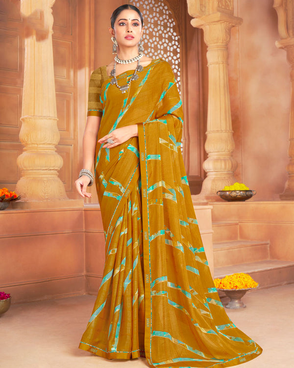 Vishal Prints Dark Mustard Designer Patterned Brasso Printed Saree With Fancy Border