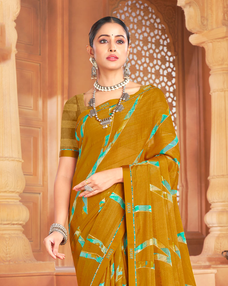 Vishal Prints Dark Mustard Designer Patterned Brasso Printed Saree With Fancy Border