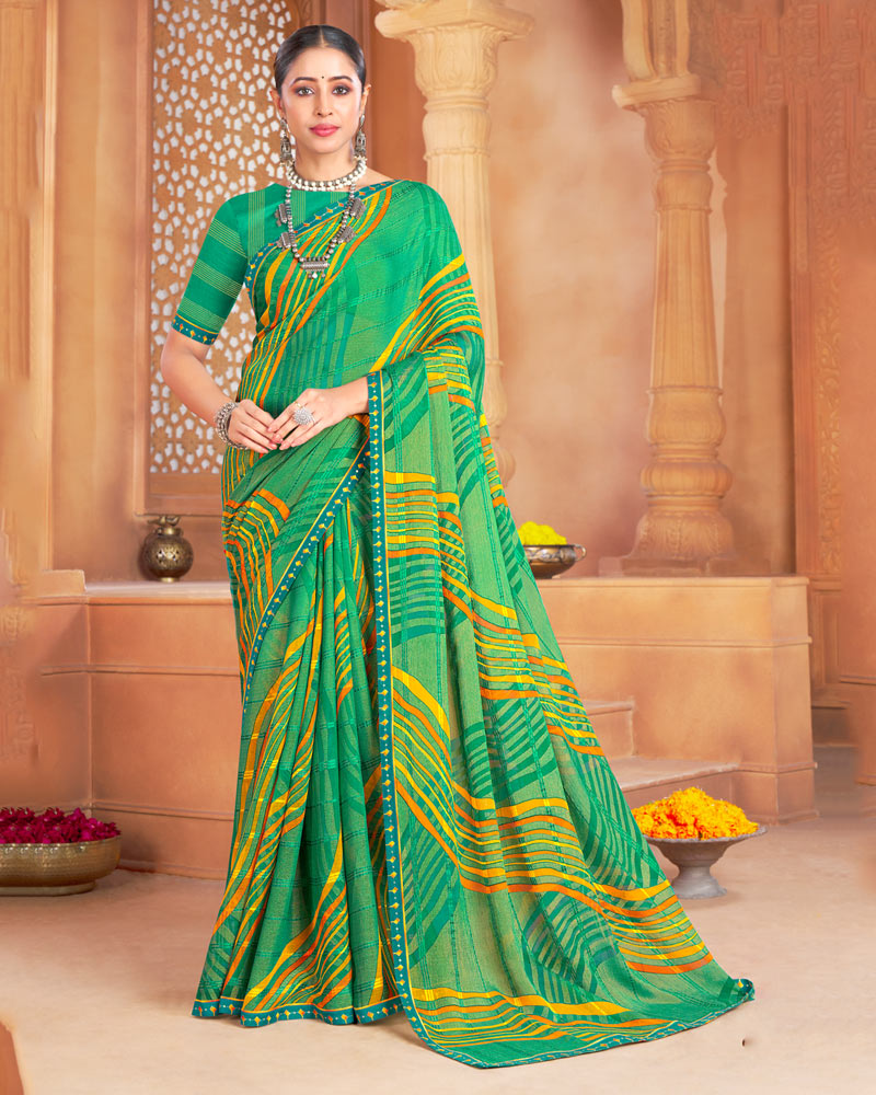 Vishal Prints Jade Green Designer Patterned Brasso Printed Saree With Fancy Border