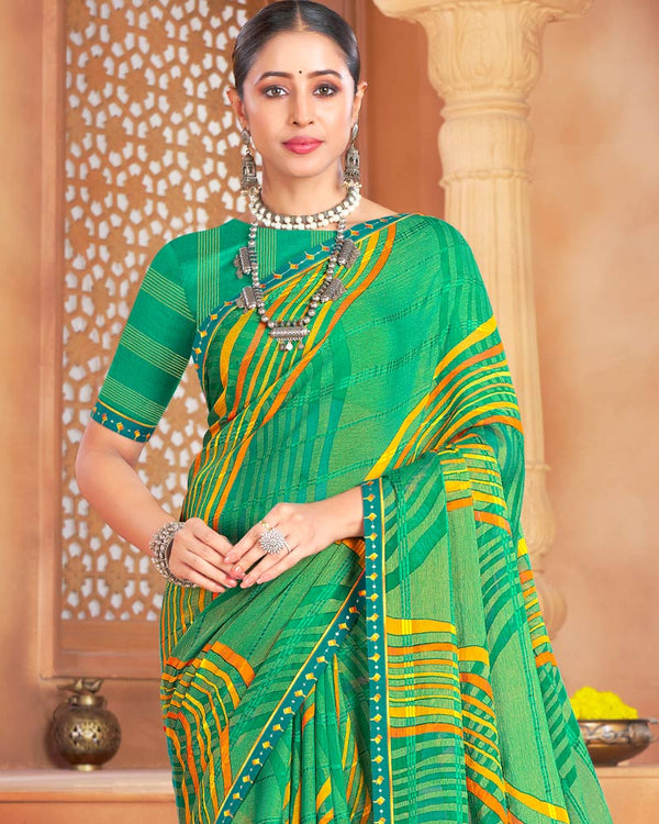 Vishal Prints Jade Green Designer Patterned Brasso Printed Saree With Fancy Border