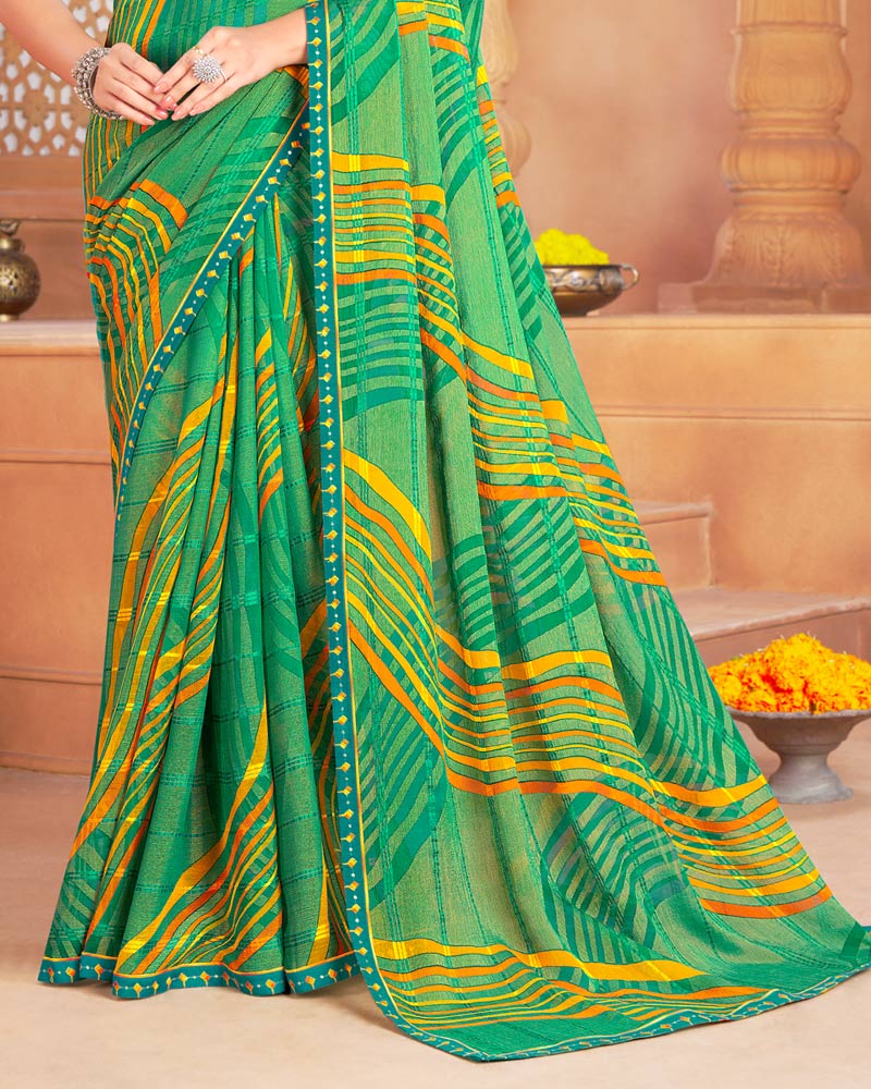 Vishal Prints Jade Green Designer Patterned Brasso Printed Saree With Fancy Border