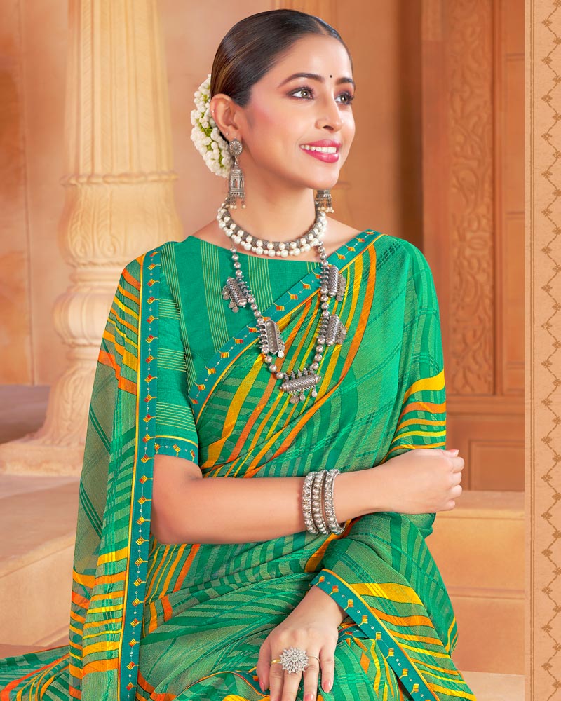 Vishal Prints Jade Green Designer Patterned Brasso Printed Saree With Fancy Border