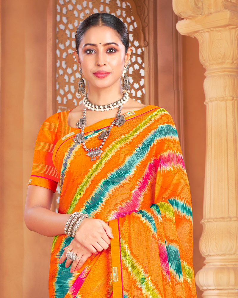 Vishal Prints Dark Orange Designer Patterned Brasso Printed Saree With Fancy Border