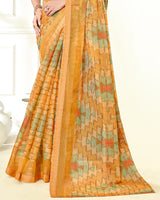 Vishal Prints Pastel Orange Ikkat Digital Print Saree With Diamond Work And Core Piping