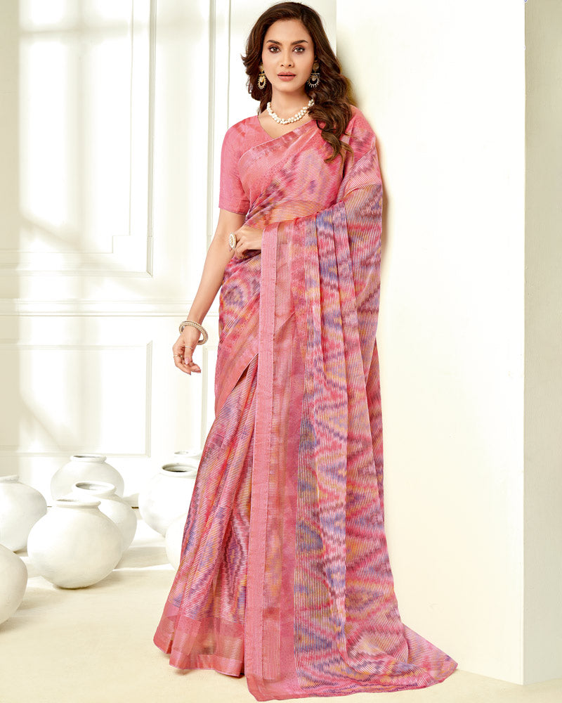 Vishal Prints Pink Ikkat Digital Print Saree With Diamond Work And Core Piping
