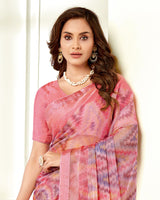 Vishal Prints Pink Ikkat Digital Print Saree With Diamond Work And Core Piping