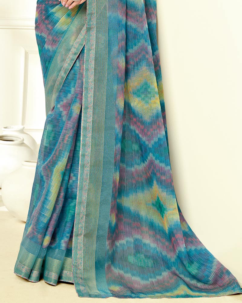 Vishal Prints Teal Blue Ikkat Digital Print Saree With Diamond Work And Core Piping