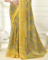 Vishal Prints Light Mustard Ikkat Digital Print Saree With Diamond Work And Core Piping