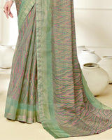 Vishal Prints Sea Green Ikkat Digital Print Saree With Diamond Work And Core Piping