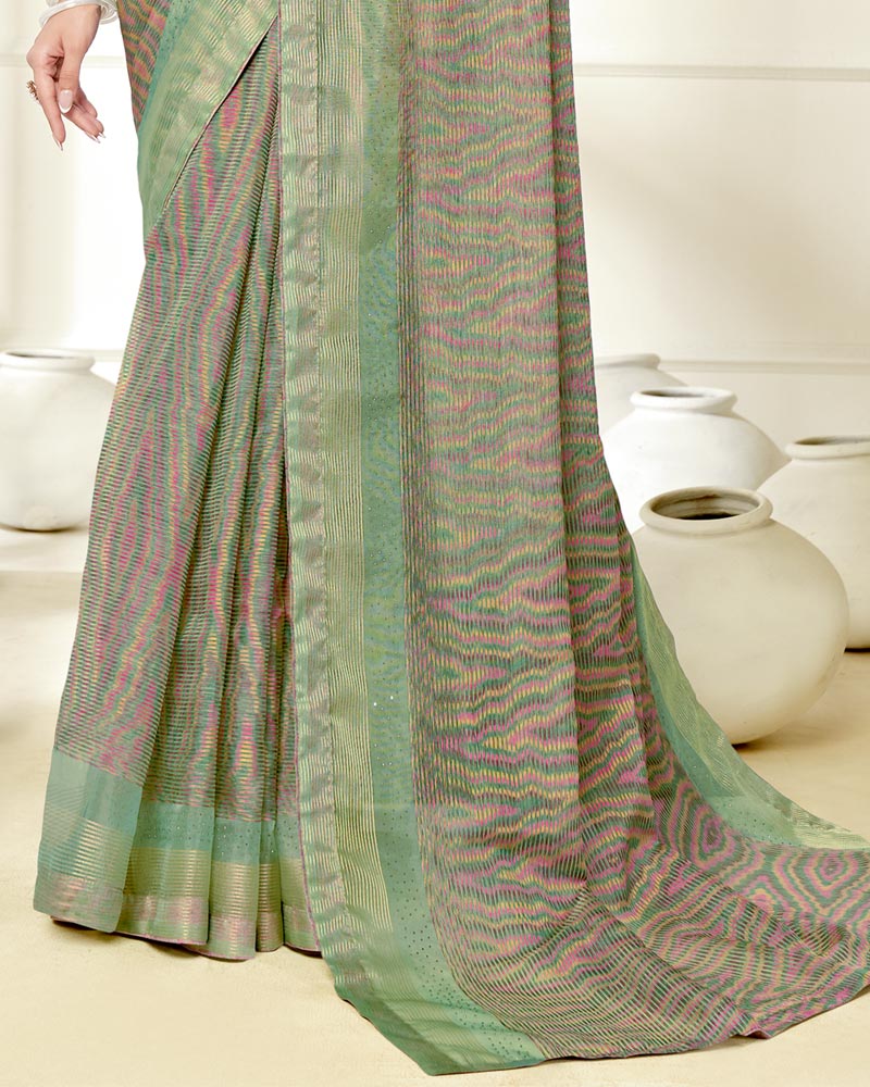Vishal Prints Sea Green Ikkat Digital Print Saree With Diamond Work And Core Piping